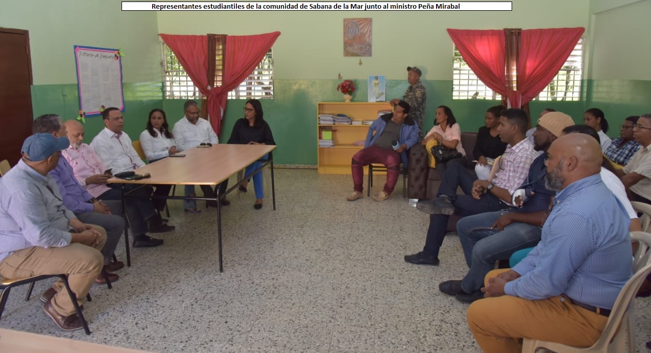  imagen Autoridades y representantes estudiantiles de la comunidad de Sabana de la Mar, quienes le manifestaron las problem&aacute;ticas existentes ante el ministro Antonio Pe&ntilde;a Mirabal, por lo que el funcionario autoriz&oacute; a las autoridades educativas del municipio a recoger por escrito cada una de las demandas y llevarlas a su despacho para la pronta soluci&oacute;n de las mismas. 